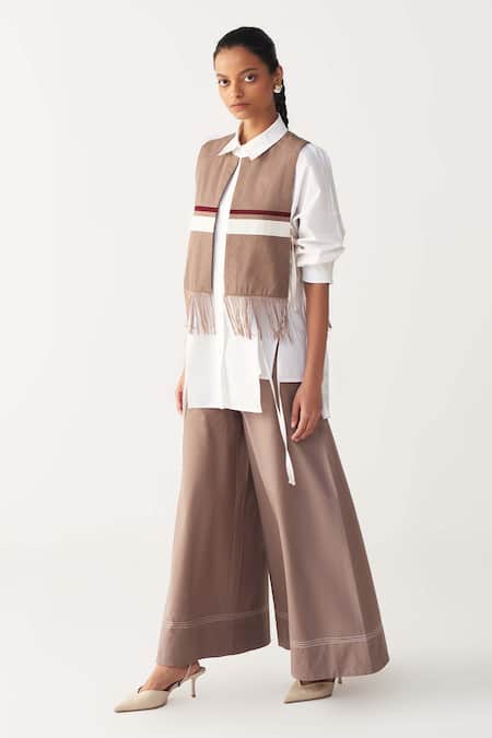 Buy_Three_Brown Poplin Fringe Collared Crop Overlay _Online_at_Aza_Fashions