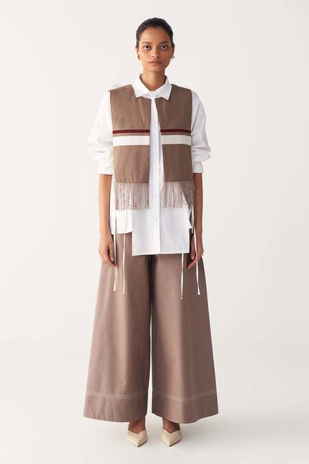 Shop_Three_Brown Poplin Fringe Collared Crop Overlay _Online_at_Aza_Fashions