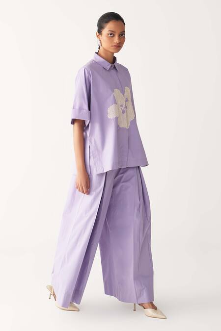 Three_Lavender Poplin Inverted Box Pleat Flared Pant _Online_at_Aza_Fashions