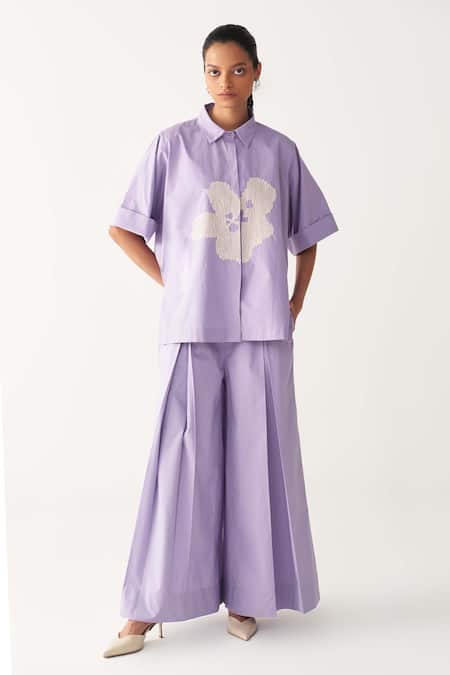 Three Lavender Poplin Inverted Box Pleat Flared Pant 