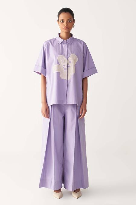 Buy_Three_Lavender Poplin Inverted Box Pleat Flared Pant _Online_at_Aza_Fashions