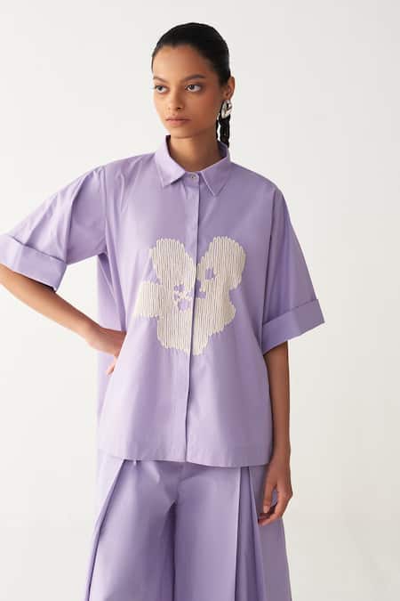 Shop_Three_Lavender Poplin Inverted Box Pleat Flared Pant _Online_at_Aza_Fashions