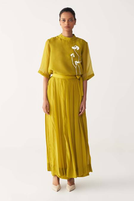 Buy_Three_Green Silk, Crepe Pleated Skirt Pant _Online_at_Aza_Fashions