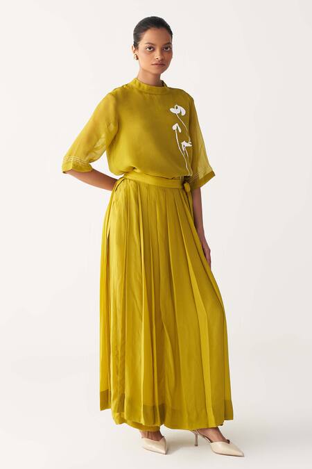 Shop_Three_Green Silk, Crepe Pleated Skirt Pant _Online_at_Aza_Fashions