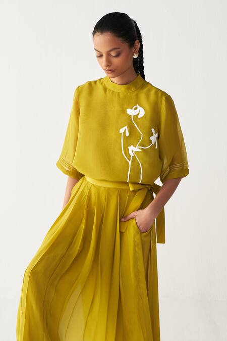 Three_Green Silk, Crepe Pleated Skirt Pant _at_Aza_Fashions