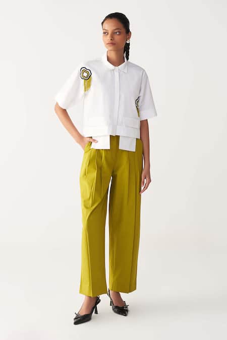 Three Green Poplin Lime Three Pleat Trouser 