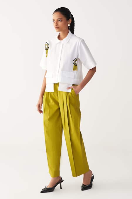 Three_Green Poplin Lime Three Pleat Trouser _Online_at_Aza_Fashions