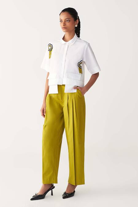 Buy_Three_Green Poplin Lime Three Pleat Trouser _Online_at_Aza_Fashions