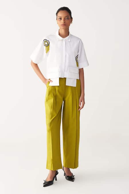Shop_Three_Green Poplin Lime Three Pleat Trouser _Online_at_Aza_Fashions