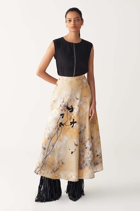 Three Multi Color Silk, Crepe Embroidery Circular Painter Skirt
