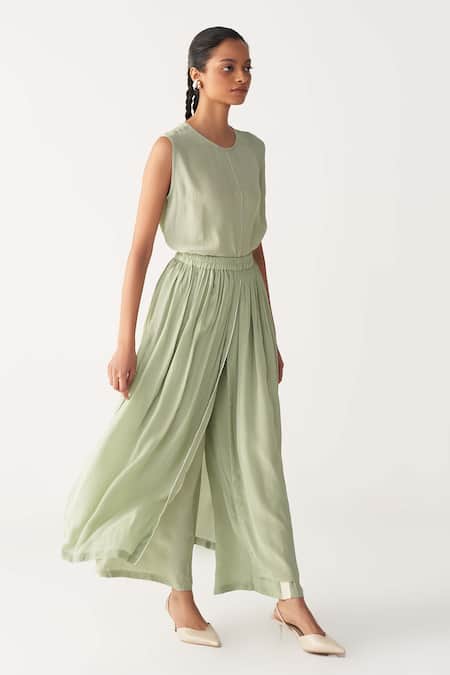 Three_Mint Silk, Crepe Pleated Skirt Pant _Online_at_Aza_Fashions