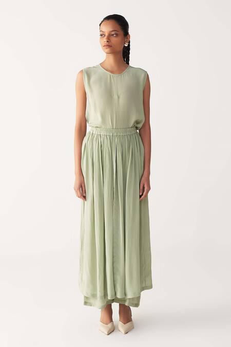 Buy_Three_Mint Silk, Crepe Pleated Skirt Pant _Online_at_Aza_Fashions
