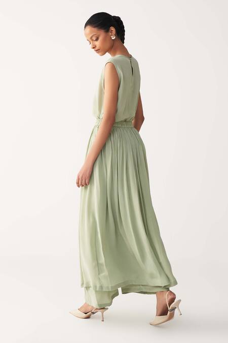 Shop_Three_Mint Silk, Crepe Pleated Skirt Pant _Online_at_Aza_Fashions