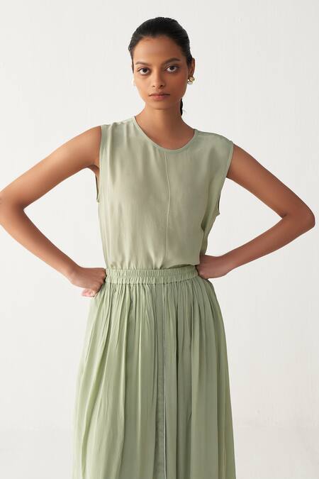Three_Mint Silk, Crepe Pleated Skirt Pant _at_Aza_Fashions
