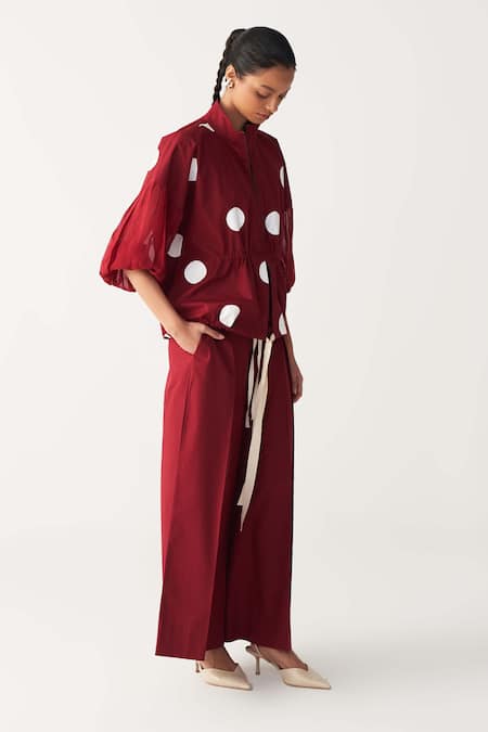 Three_Red Poplin Inverted Box Pleat Pant _Online_at_Aza_Fashions