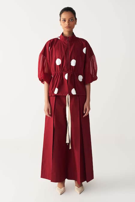 Shop_Three_Red Poplin Inverted Box Pleat Pant _Online_at_Aza_Fashions