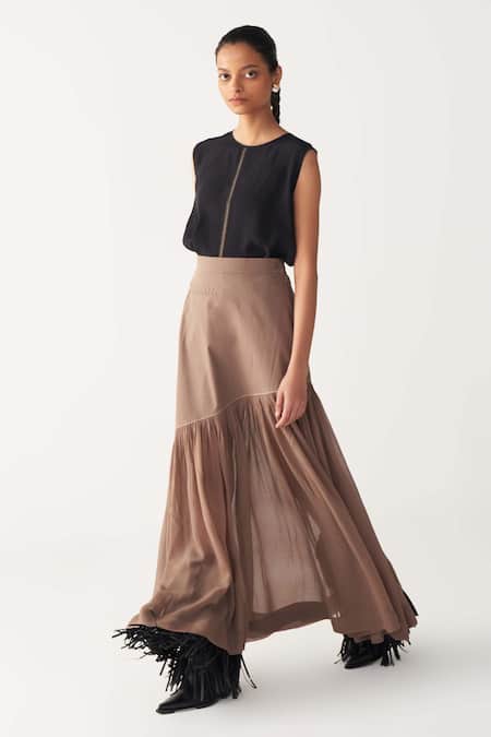 Three_Brown Georgette, Poplin Cedar Sheer Panel Skirt _Online_at_Aza_Fashions