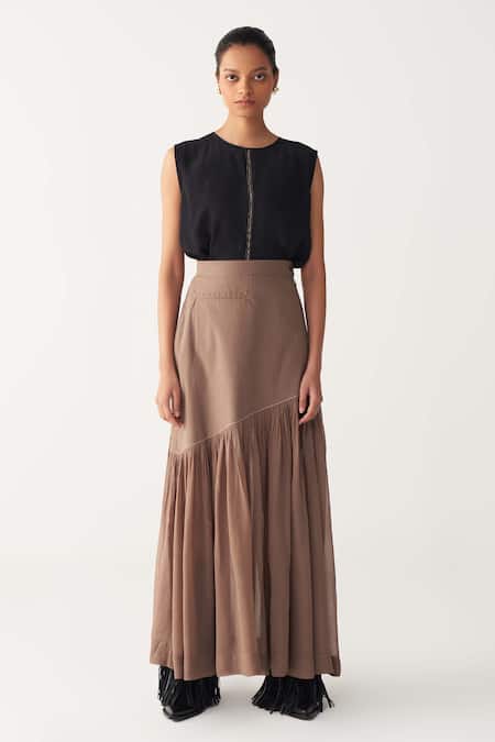 Buy_Three_Brown Georgette, Poplin Cedar Sheer Panel Skirt _Online_at_Aza_Fashions