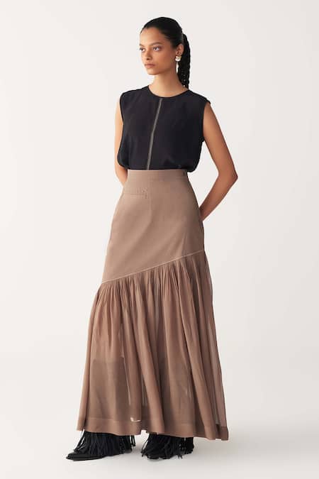 Shop_Three_Brown Georgette, Poplin Cedar Sheer Panel Skirt _Online_at_Aza_Fashions