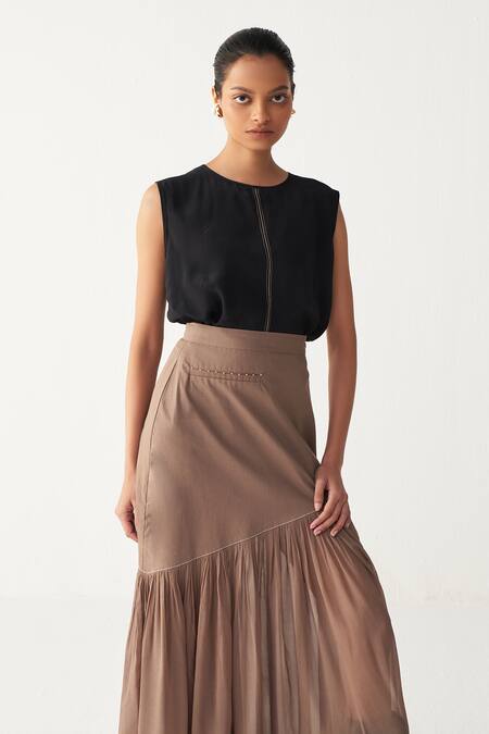 Three_Brown Georgette, Poplin Cedar Sheer Panel Skirt _at_Aza_Fashions