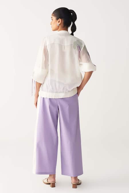 Shop Three Ivory Chanderi, Poplin Embroidery Round Neck Floral Fringe Bomber Co-ord Set at Aza Fashions Shop_Three_Ivory Chanderi, Poplin Embroidery Round Neck Floral Fringe Bomber Co-ord Set _at_Aza_Fashions