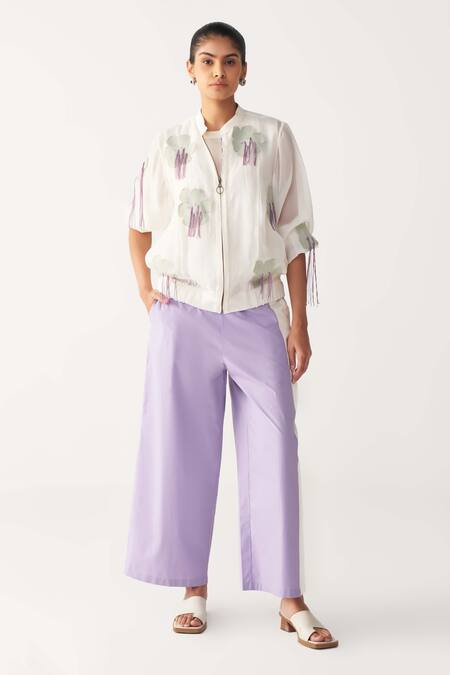 Three Ivory Chanderi, Poplin Embroidery Round Neck Floral Fringe Bomber Co-ord Set Online at Aza Fashions Three_Ivory Chanderi, Poplin Embroidery Round Neck Floral Fringe Bomber Co-ord Set _Online_at_Aza_Fashions