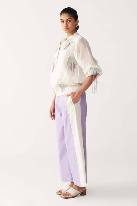 Buy Three Ivory Chanderi, Poplin Embroidery Round Neck Floral Fringe Bomber Co-ord Set Online at Aza Fashions Buy_Three_Ivory Chanderi, Poplin Embroidery Round Neck Floral Fringe Bomber Co-ord Set _Online_at_Aza_Fashions