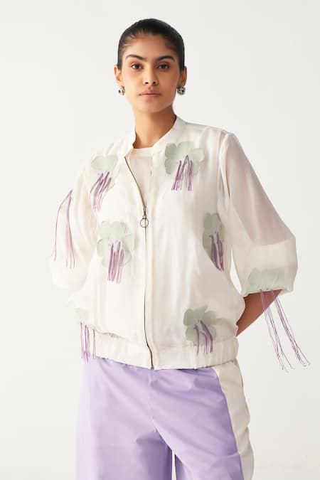 Three Ivory Chanderi, Poplin Embroidery Round Neck Floral Fringe Bomber Co-ord Set at Aza Fashions Three_Ivory Chanderi, Poplin Embroidery Round Neck Floral Fringe Bomber Co-ord Set _at_Aza_Fashions