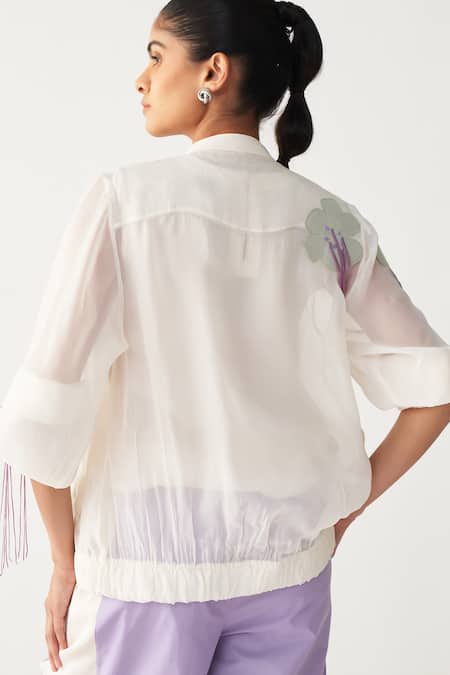 Buy Three Ivory Chanderi, Poplin Embroidery Round Neck Floral Fringe Bomber Co-ord Set Buy_Three_Ivory Chanderi, Poplin Embroidery Round Neck Floral Fringe Bomber Co-ord Set