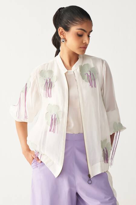 Shop Three Ivory Chanderi, Poplin Embroidery Round Neck Floral Fringe Bomber Co-ord Set Shop_Three_Ivory Chanderi, Poplin Embroidery Round Neck Floral Fringe Bomber Co-ord Set