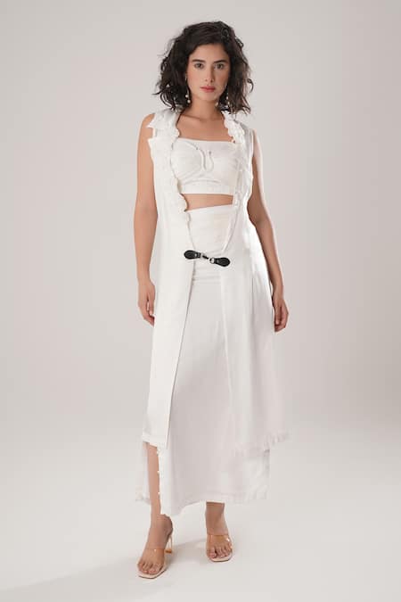 Atbw White Modal, Satin Applique, Pearls Open Neck Sleeveless Trench Jacket 
