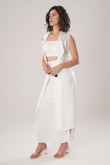 Buy_Atbw_White Modal, Satin Applique, Pearls Open Neck Sleeveless Trench Jacket _Online_at_Aza_Fashions