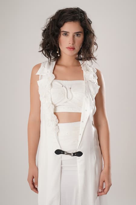 Shop_Atbw_White Modal, Satin Applique, Pearls Open Neck Sleeveless Trench Jacket _Online_at_Aza_Fashions