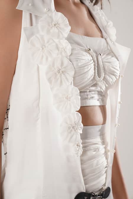 Atbw_White Modal, Satin Applique, Pearls Open Neck Sleeveless Trench Jacket _at_Aza_Fashions