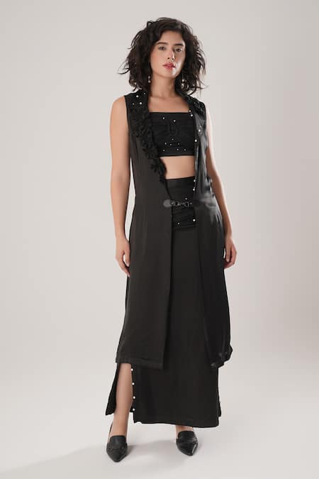Atbw Black Modal, Satin Embroidery, Pearls Open Neck Sleeveless Trench Jacket 