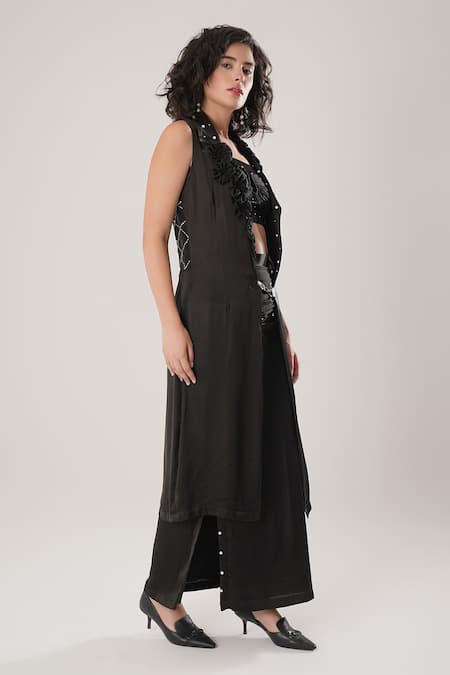 Atbw_Black Modal, Satin Embroidery, Pearls Open Neck Sleeveless Trench Jacket _Online_at_Aza_Fashions