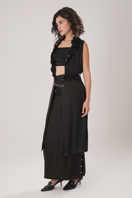 Buy_Atbw_Black Modal, Satin Embroidery, Pearls Open Neck Sleeveless Trench Jacket _Online_at_Aza_Fashions