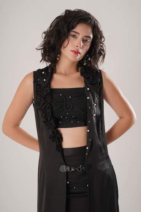 Shop_Atbw_Black Modal, Satin Embroidery, Pearls Open Neck Sleeveless Trench Jacket _Online_at_Aza_Fashions