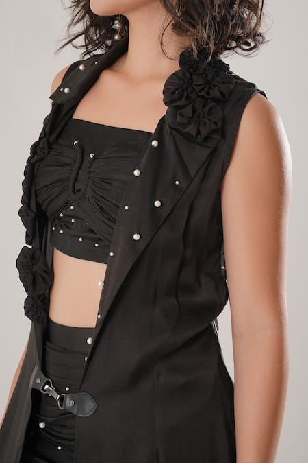 Atbw_Black Modal, Satin Embroidery, Pearls Open Neck Sleeveless Trench Jacket _at_Aza_Fashions