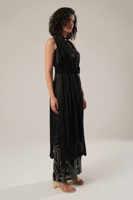 Atbw_Black Modal, Satin Pearls, Fabric Flowers Mandarin Collar, High-slit Kurta _Online_at_Aza_Fashions