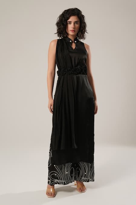 Atbw Black Modal, Satin Pearls, Fabric Flowers Mandarin Collar, High-slit Kurta 