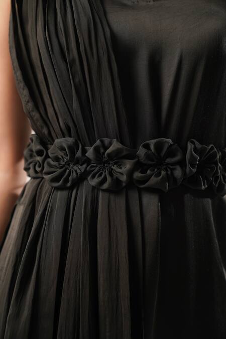 Atbw_Black Modal, Satin Pearls, Fabric Flowers Mandarin Collar, High-slit Kurta _at_Aza_Fashions