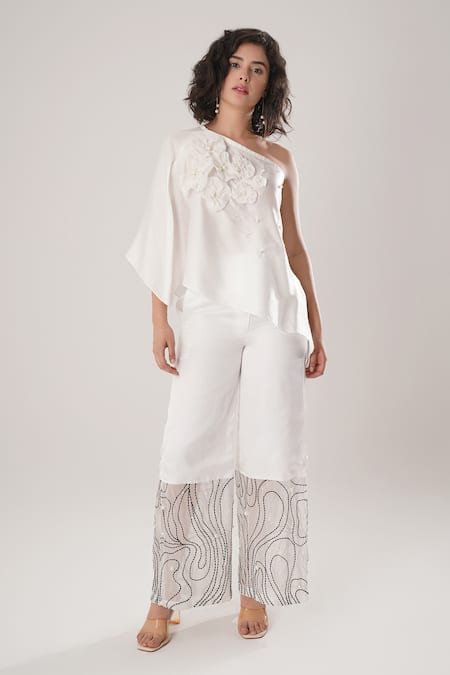 Atbw_White Modal, Satin Embroidery, Pearls Off-shoulder Asymmetric Top _Online_at_Aza_Fashions
