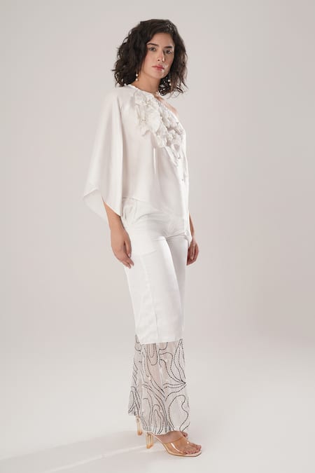 Buy_Atbw_White Modal, Satin Embroidery, Pearls Off-shoulder Asymmetric Top _Online_at_Aza_Fashions