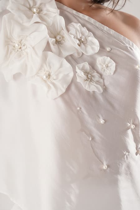 Atbw_White Modal, Satin Embroidery, Pearls Off-shoulder Asymmetric Top _at_Aza_Fashions