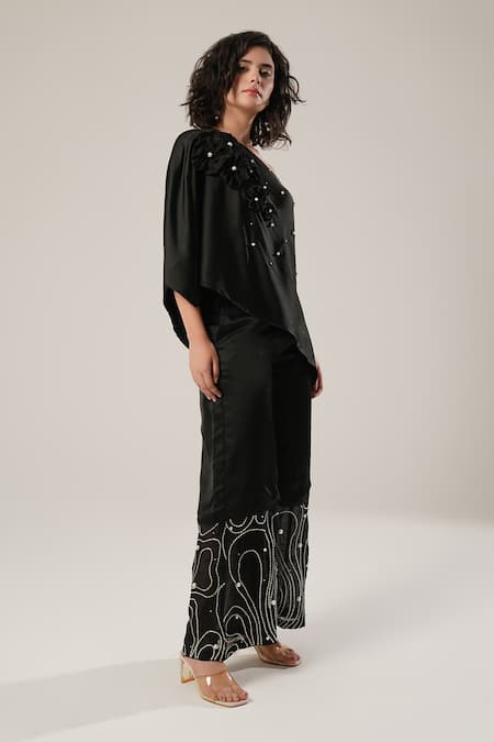 Atbw_Black Modal, Satin Embroidery, Applique, Pearls Off-shoulder Asymmetric Top _Online_at_Aza_Fashions