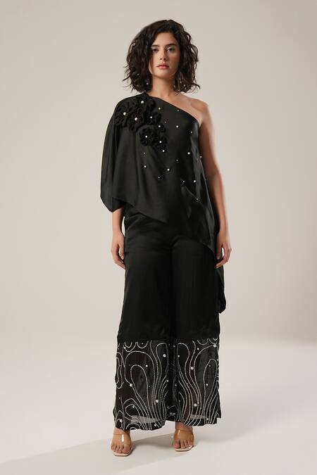 Buy_Atbw_Black Modal, Satin Embroidery, Applique, Pearls Off-shoulder Asymmetric Top _Online_at_Aza_Fashions