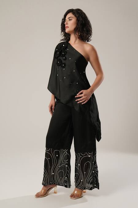 Shop_Atbw_Black Modal, Satin Embroidery, Applique, Pearls Off-shoulder Asymmetric Top _Online_at_Aza_Fashions