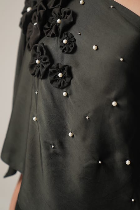 Atbw_Black Modal, Satin Embroidery, Applique, Pearls Off-shoulder Asymmetric Top _at_Aza_Fashions