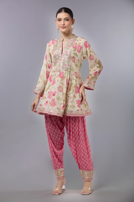 Gopi Vaid Floral Anarkali with Pink Salwar Set 